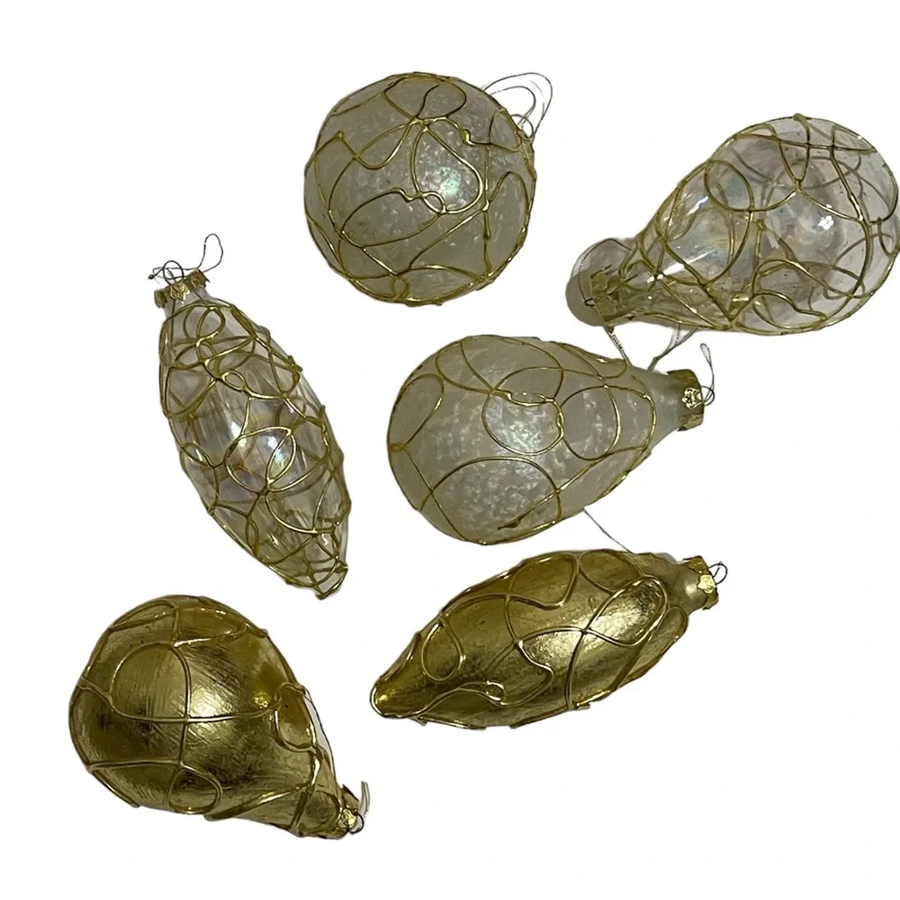 VINTAGE SILVESTRI Large Gold Clear Frosted Glass Deco Tree Ornaments Set of 6